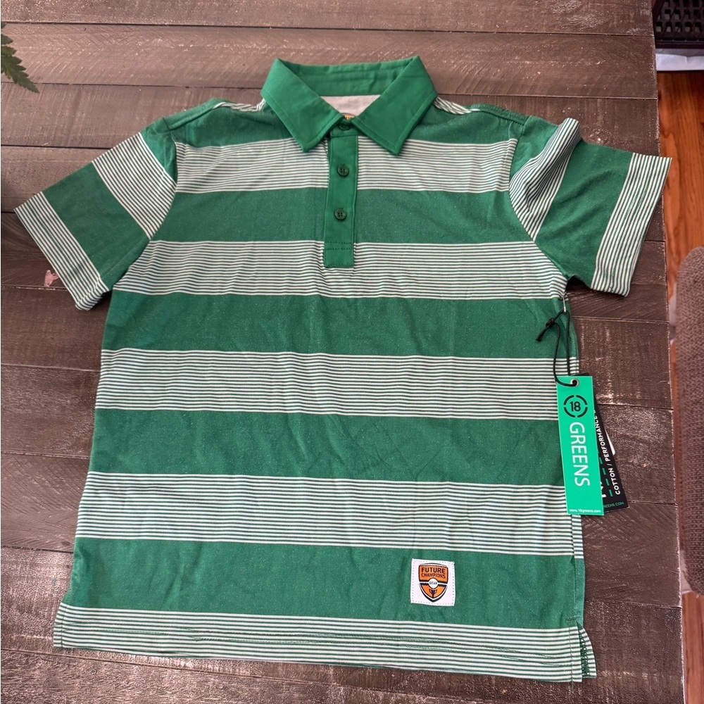 18 GREENS NWT Future Champion Gear Green Striped Polo Performance Cotton L 12-14